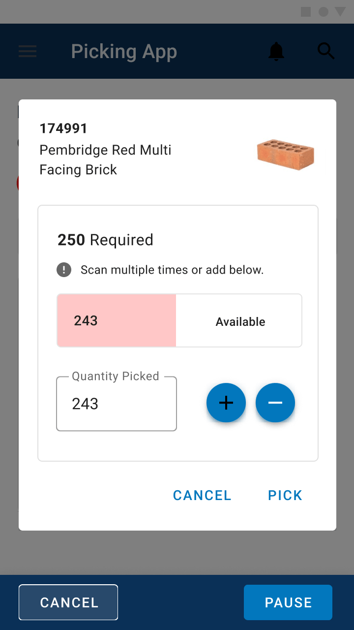 Quantity overlay: 250 bricks required, 243 available